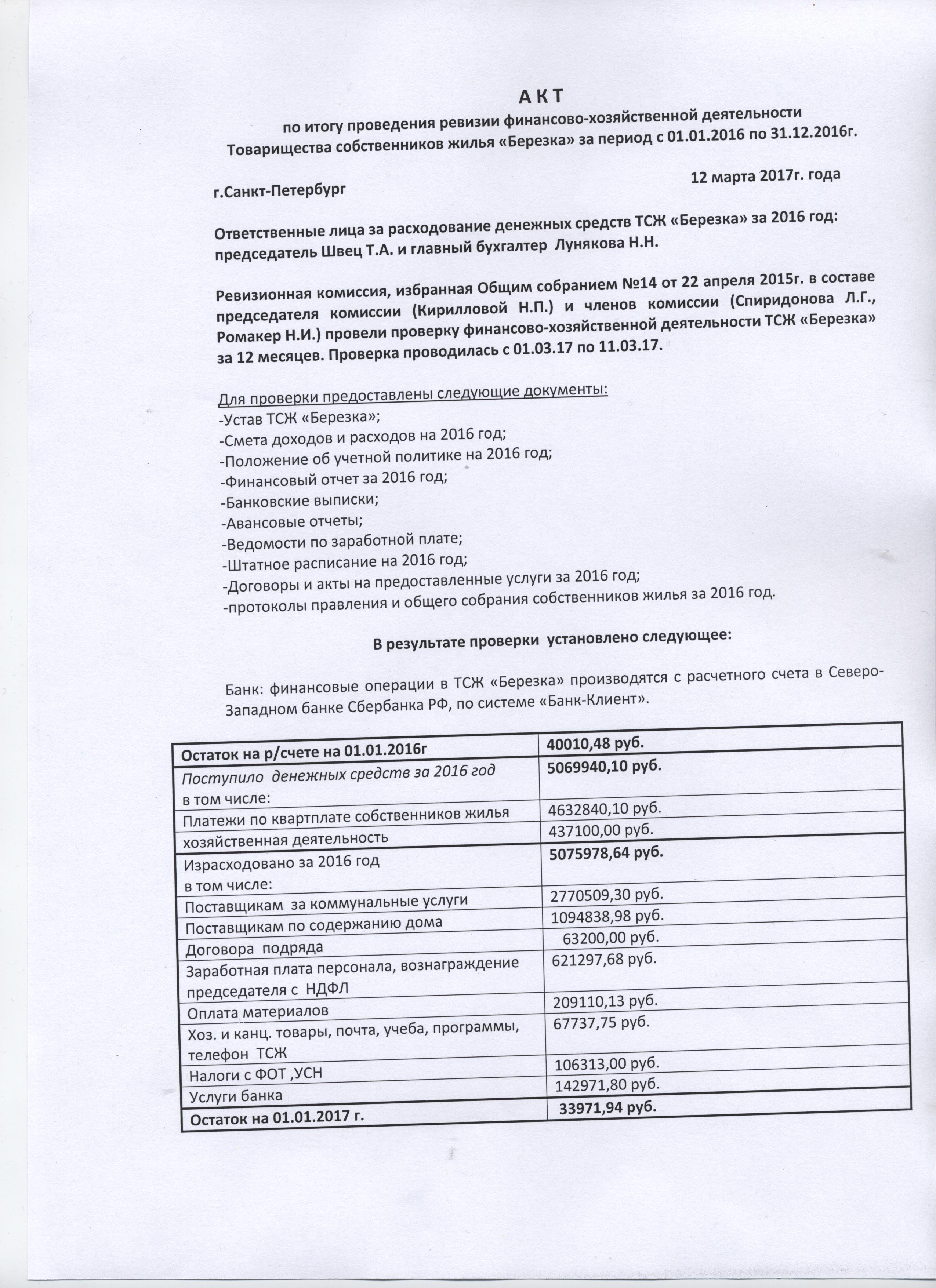 Отчет ревизионной комиссии за 2016 год — ТСЖ 