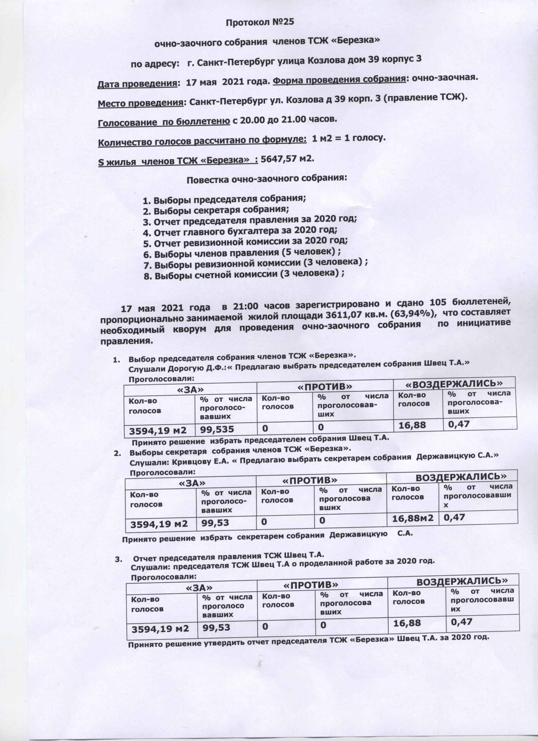 Протокол №25 общего собрания ТСЖ Березка — ТСЖ 